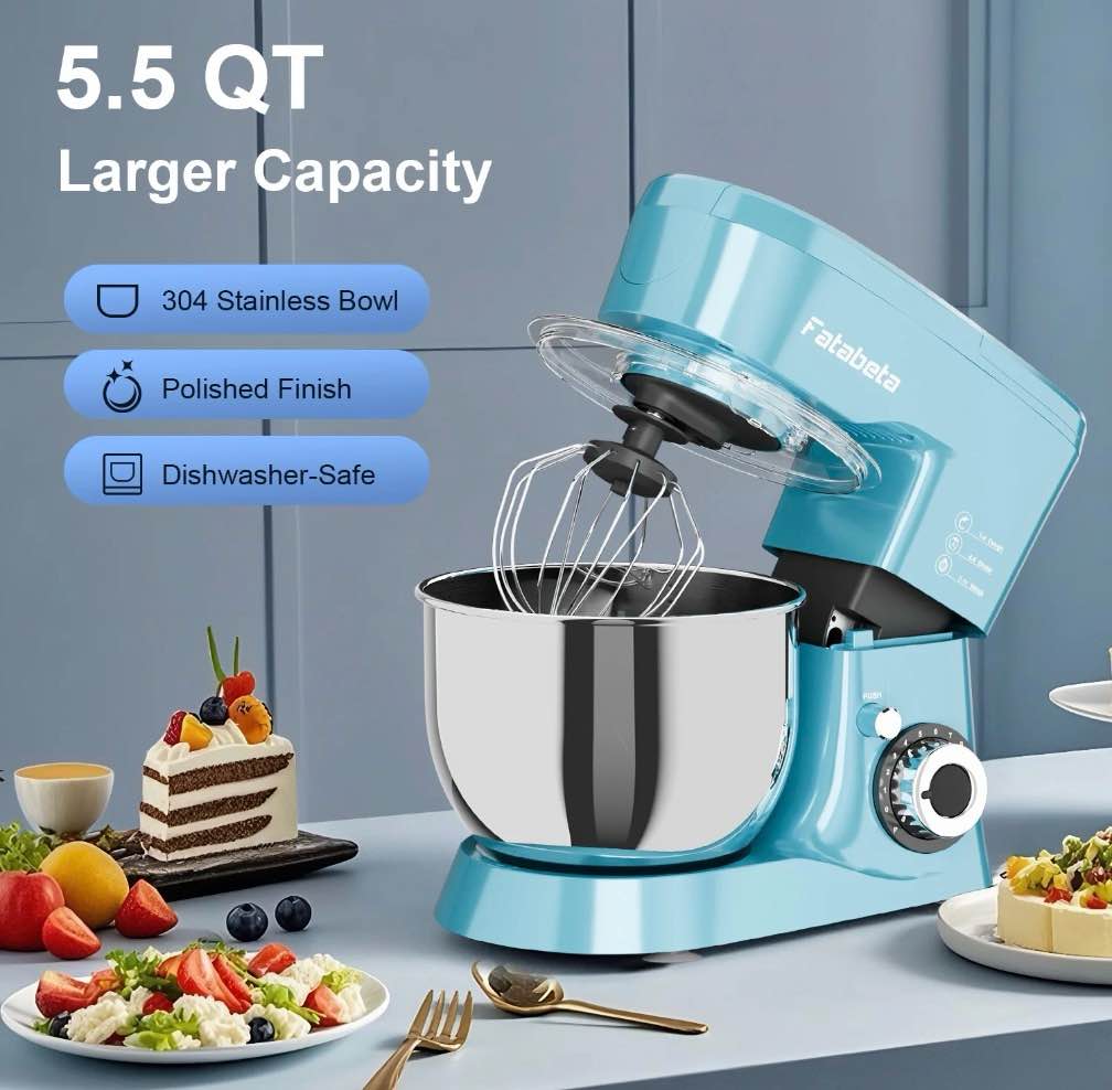 Condition photo showing Good Condition for Fatabeta 1000W Stand Mixer, 5.5QT Kitchen Mixer with Dough Hook, Whisk and Beater, Electric Mixer with Bowl & 11 Speeds - Cake Mixer for Baking, Bread & More, Blue