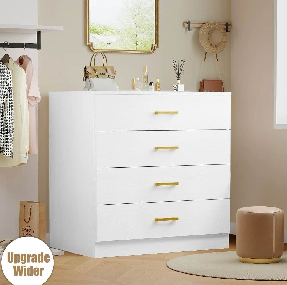 Dressers for Bedroom, Heavy Duty 4-Drawer Wood Chest of Drawers, Modern Storage Bedroom Chest for Kids Room, White Vertical Storage Cabinet for Bathroom, Closet, Entryway, Hallway, Nursery, L2028