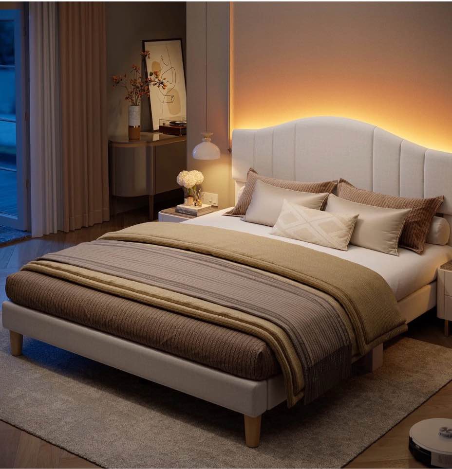 Pinmoco Full Upholstered Bed Frame with Adjustable Arc-shaped Headboard, LED Platform Bed, Fabric Beige