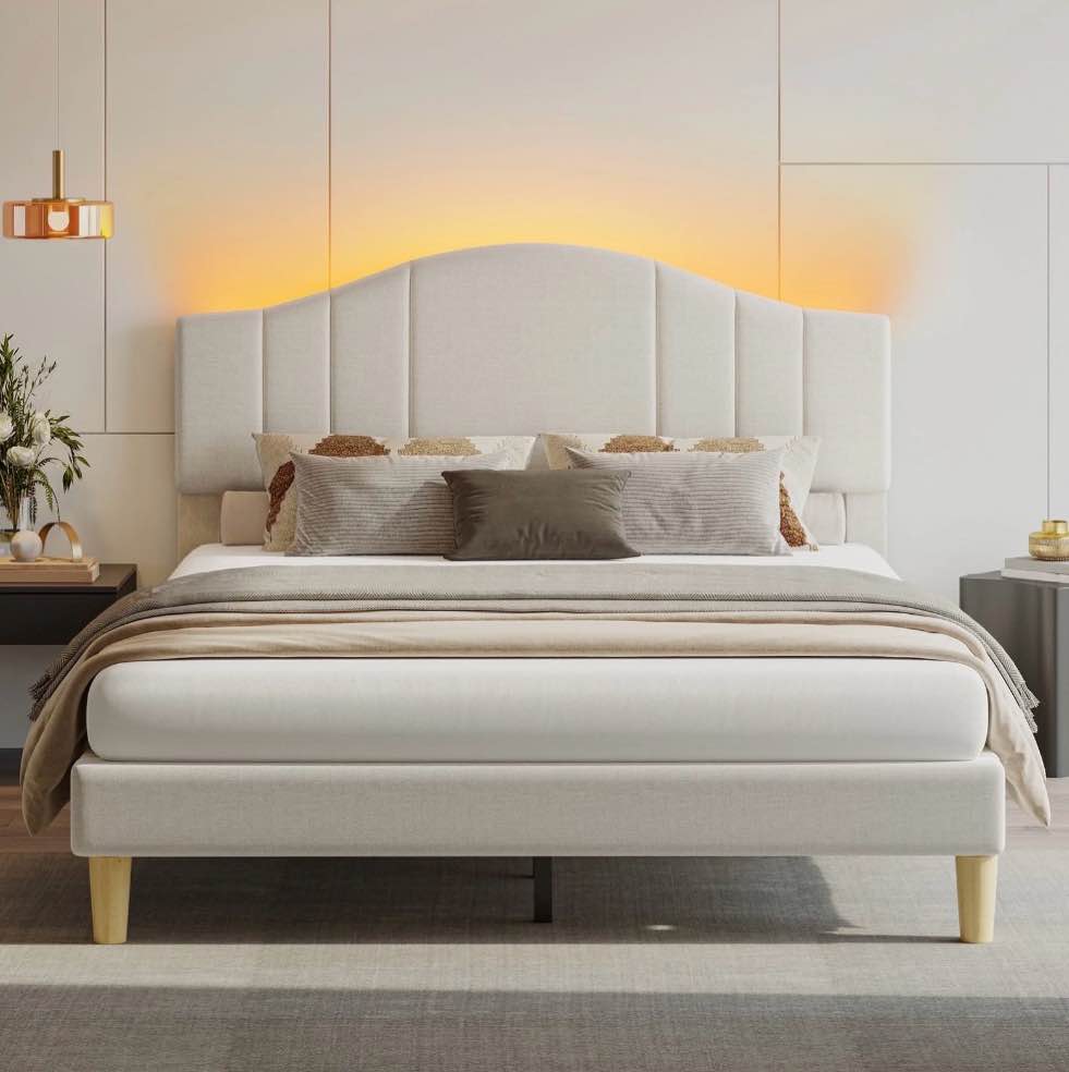 Pinmoco Full Upholstered Bed Frame with Adjustable Arc-shaped Headboard, LED Platform Bed, Fabric Beige