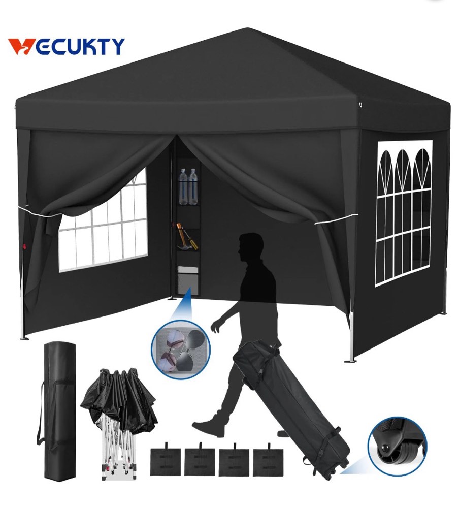 Vecukty 10' x 10' Black Sturdy Pop Up Canopy Tent, Removable Sidewalls