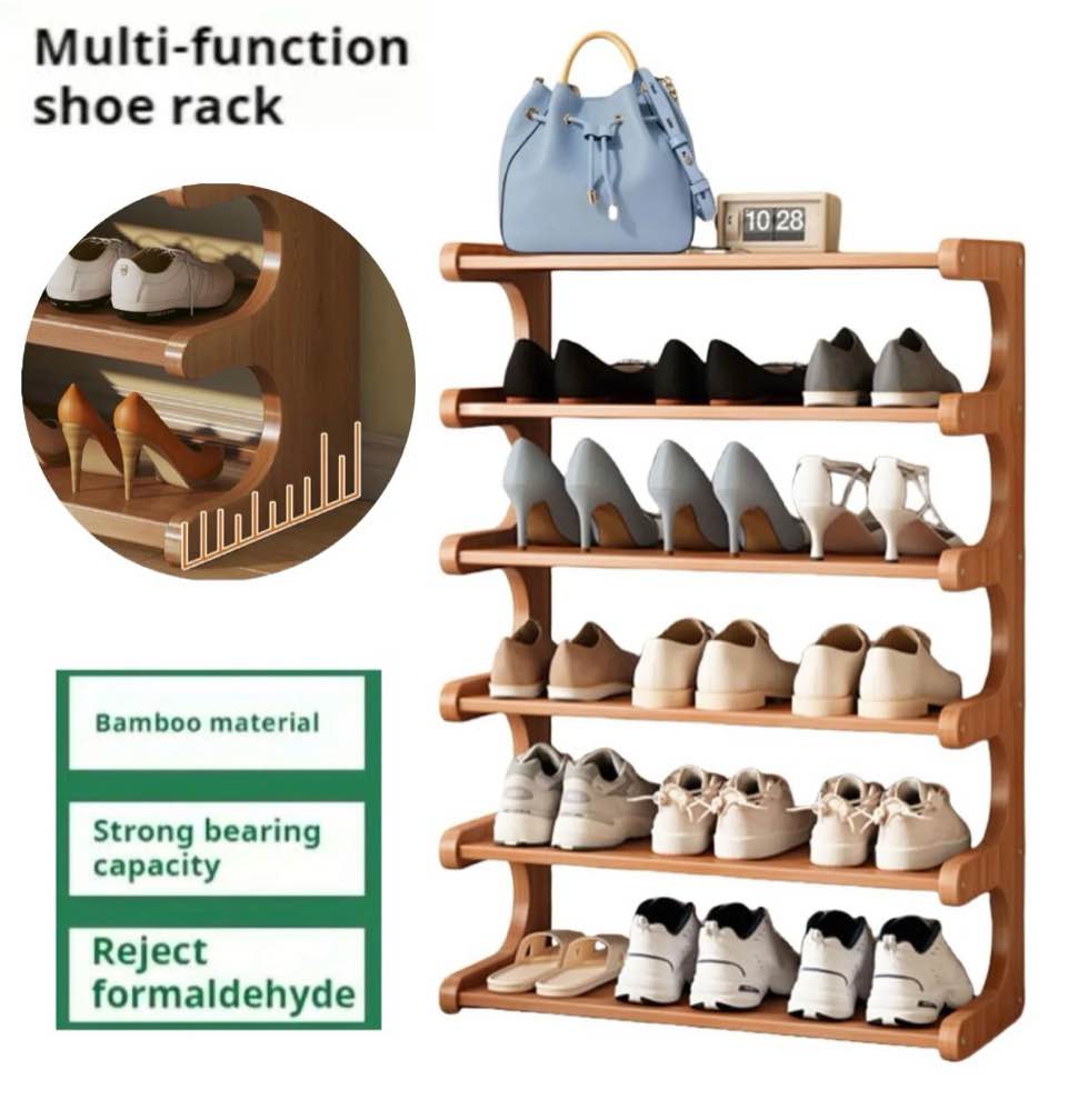Condition photo showing Good Condition for 6 Tiers Shoe Racks, Bamboo Vertical Shoe Rack Organizer for Closet Floor, Wooden Stackable Shoe Storage Shelves, for Entryway, Hallway, Bedroom Hallway Closet ,Multifunctional Front Door Shoe Rack