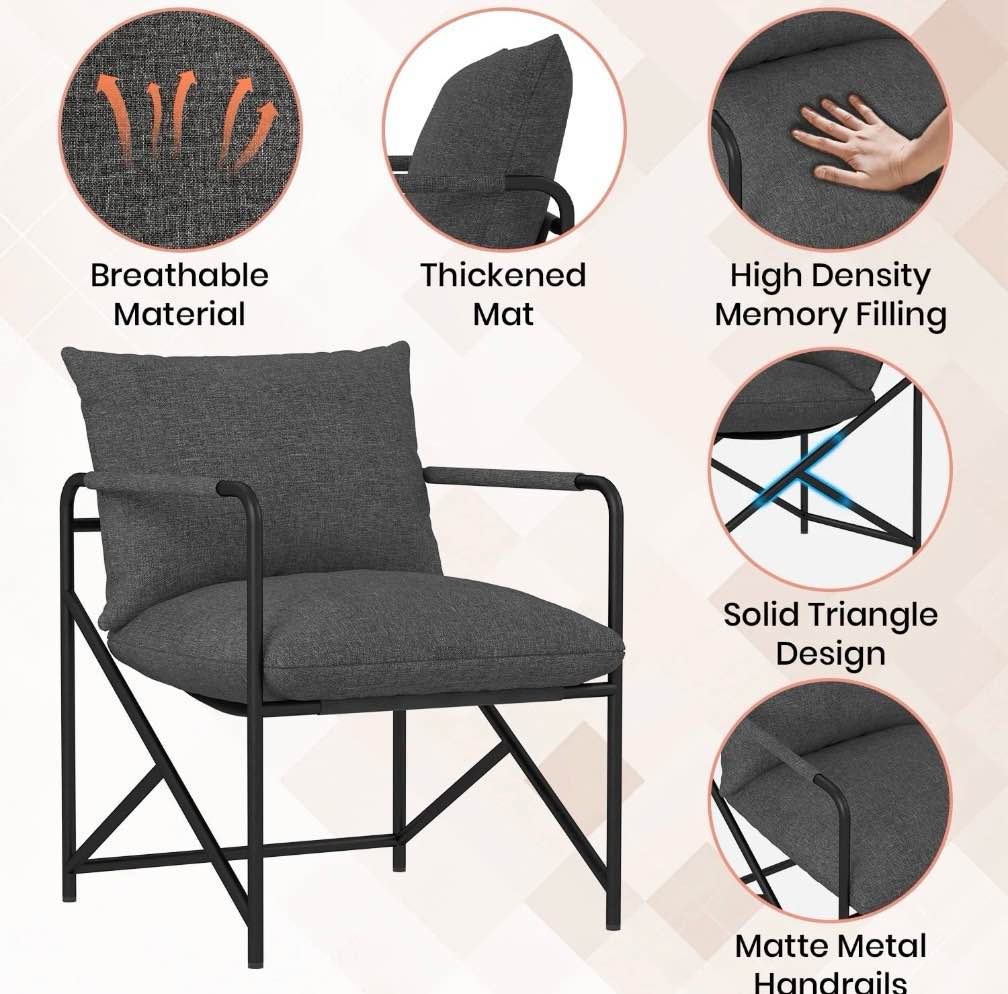 Condition photo showing New/Like New for Dryfeedo Modern Sling Accent Chair Metal Frame Accent Chair for Living Room, Up to 300 lbs, Bedroom, Balcony, Gray