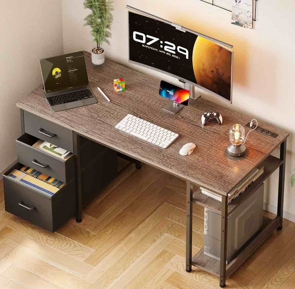 51 Inch Computer Desk with File Drawers & USB Power Outlets- Reversible Home Office Desk with Storage Shelves, Work from Home, Writing Table for Bedroom, Gray Oak