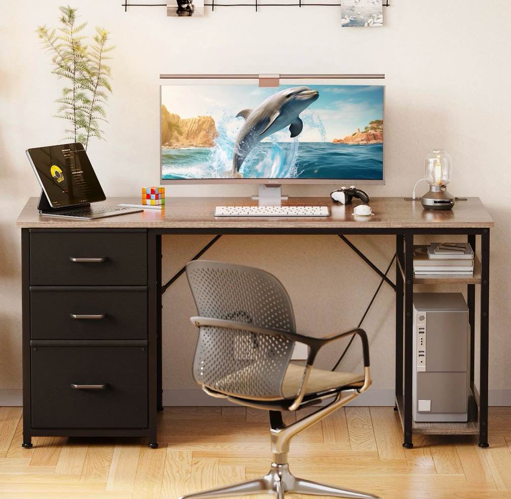 Condition photo showing Good Condition for 51 Inch Computer Desk with File Drawers & USB Power Outlets- Reversible Home Office Desk with Storage Shelves, Work from Home, Writing Table for Bedroom, Gray Oak