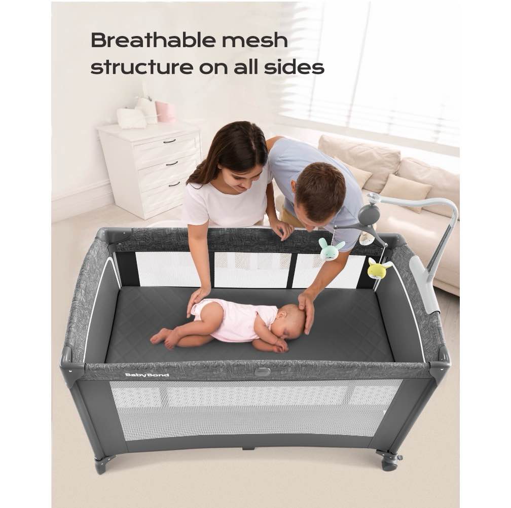 Condition photo showing Good Condition for 5 in 1 Baby Bassinet Bedside Crib, Easy Folding Portable Playards, Pack and Play with Mattress, Diaper Changer and Music Mobile Pink