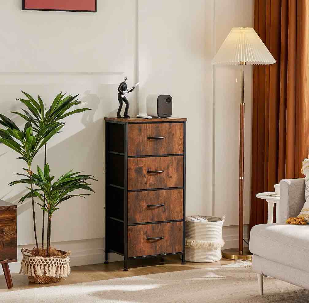 Condition photo showing New/Like New for ZUNMOS 4 Drawer Fabric Dresser for Bedroom, Tall Chest of Drawer Organizer Storage Cabinet for Closet, Entryway, Rust Brown