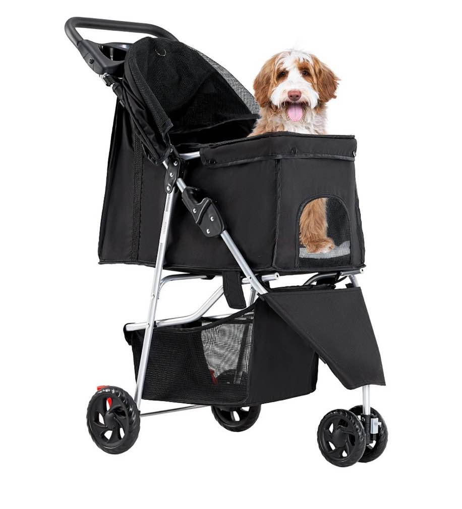 edx Dog Stroller  Pet Travel Folding Carrier with Storage Basket for Cat/Dog  3 Wheels  Black