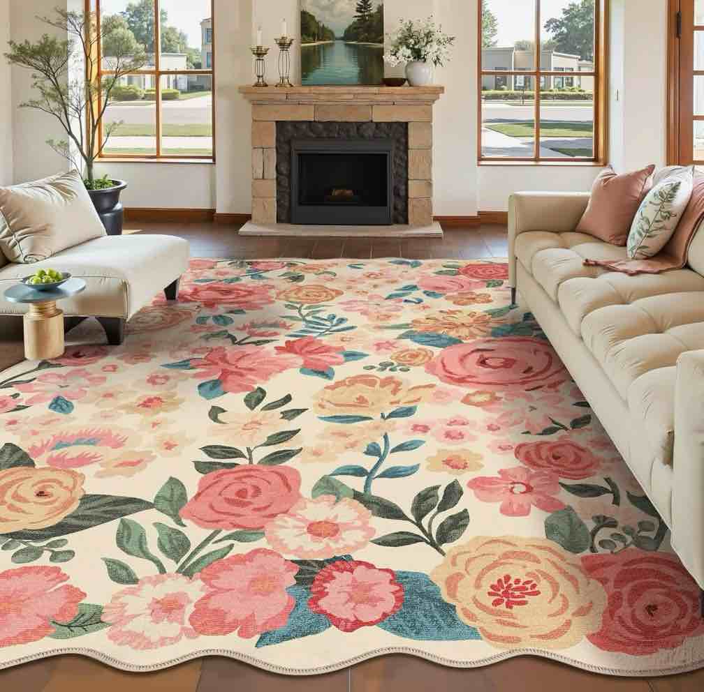 Condition photo showing Good Condition for WIPONKEN 9x12 Floral Area Rugs Machine Washable Non-Slip Botanical Scalloped Rug for Living Room Bedroom, Modern Farmhouse Floor Mat with Vintage Flowers Pattern, Home Decor Indoor Low Pile Beige