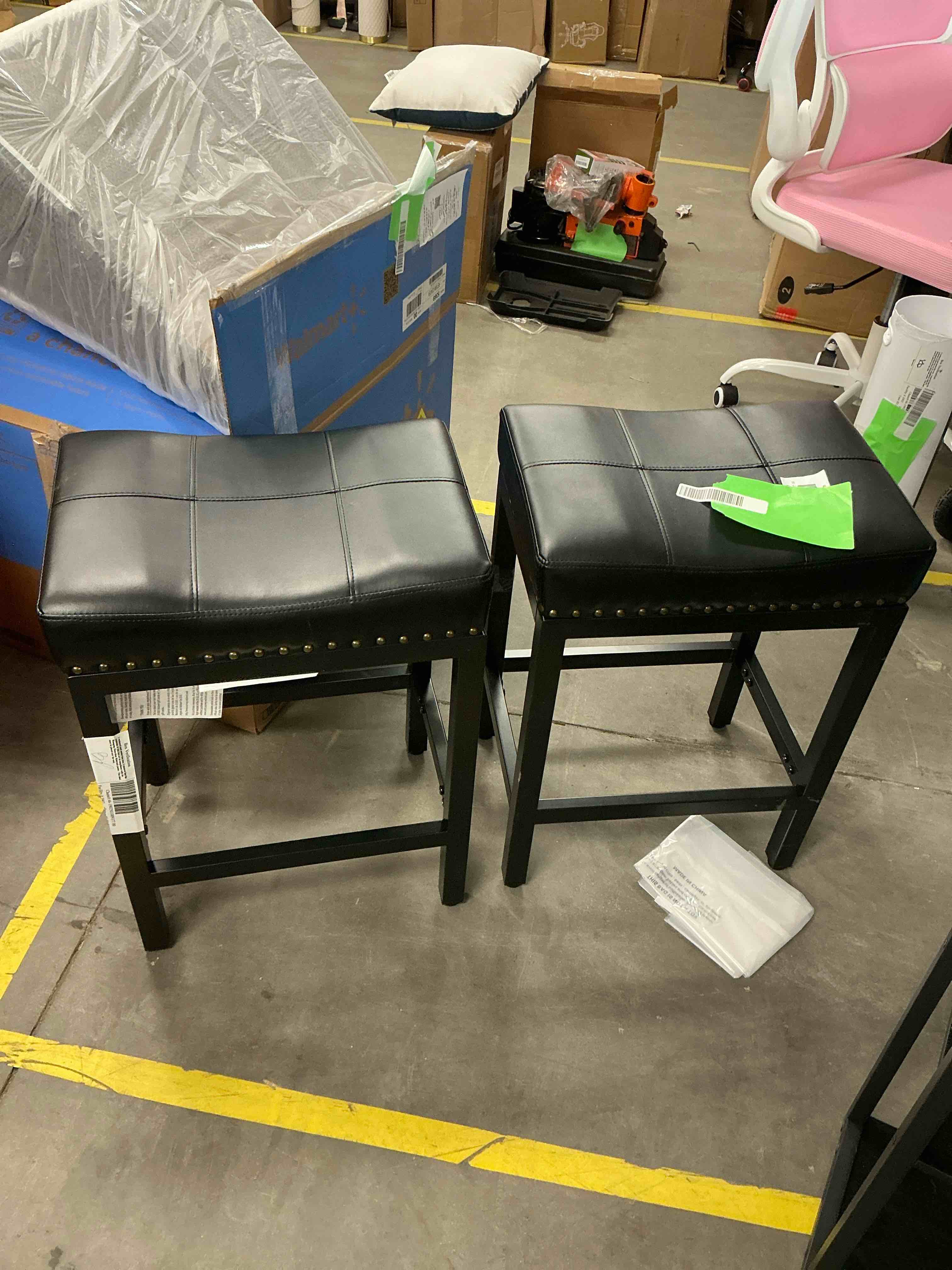 Condition photo showing Good Condition for edx Bar Stools Set of 2, Modern Counter Height, 24 Inch Kitchen Barstools with Metal Base, PU Leather Saddle Seats for Kitchen Island, Black