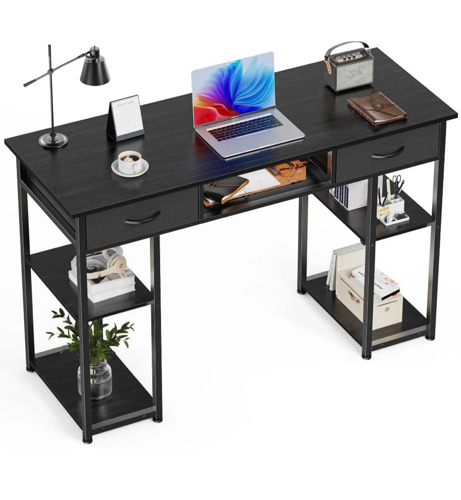 edx Small Desk Fabric Drawers & Storage Shelves, Home Office Computer Desk, Writing Desk Small Space Desk Study Table for Home, Bedroom, 48 Inch, Balck