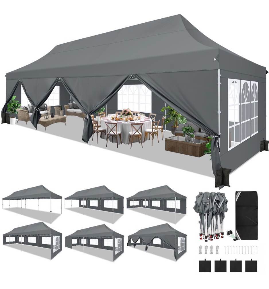 Hoteel 10x30 Pop up Canopy Tent with 8 Removable Sidewalls, Outdoor Canopy Waterproof Commercial Tents for Parties Wedding Patio Ez Outdoor Instant Gazebo with Roller Bag & Sandbags, Gray