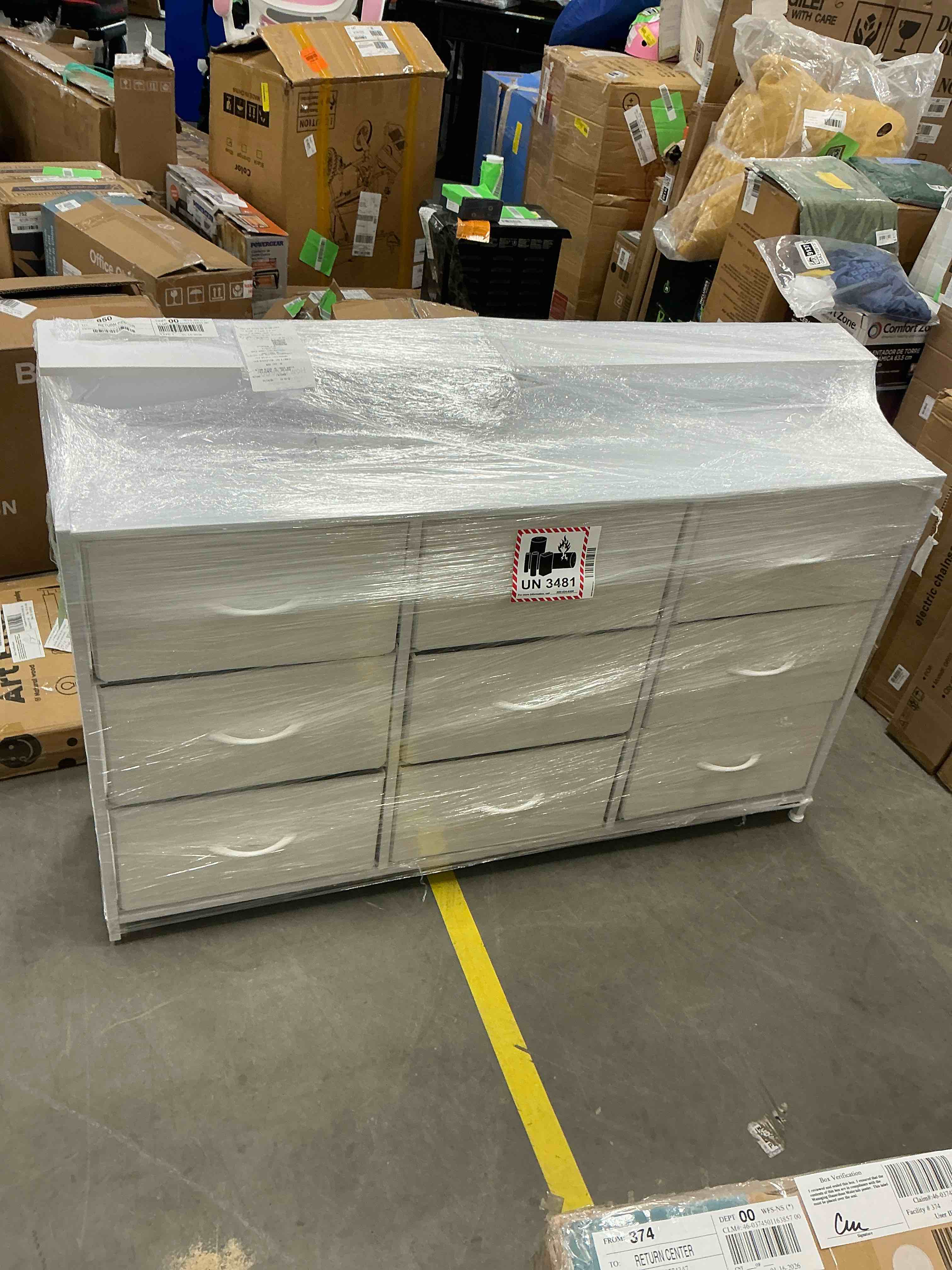 Condition photo showing Good Condition for edx 9 Fabric Drawers Dresser with Power Outlets and LED Light, Multifunctional TV Stand and Storage Cabinet, for Bedroom, Living Room, Office, Hallway, White