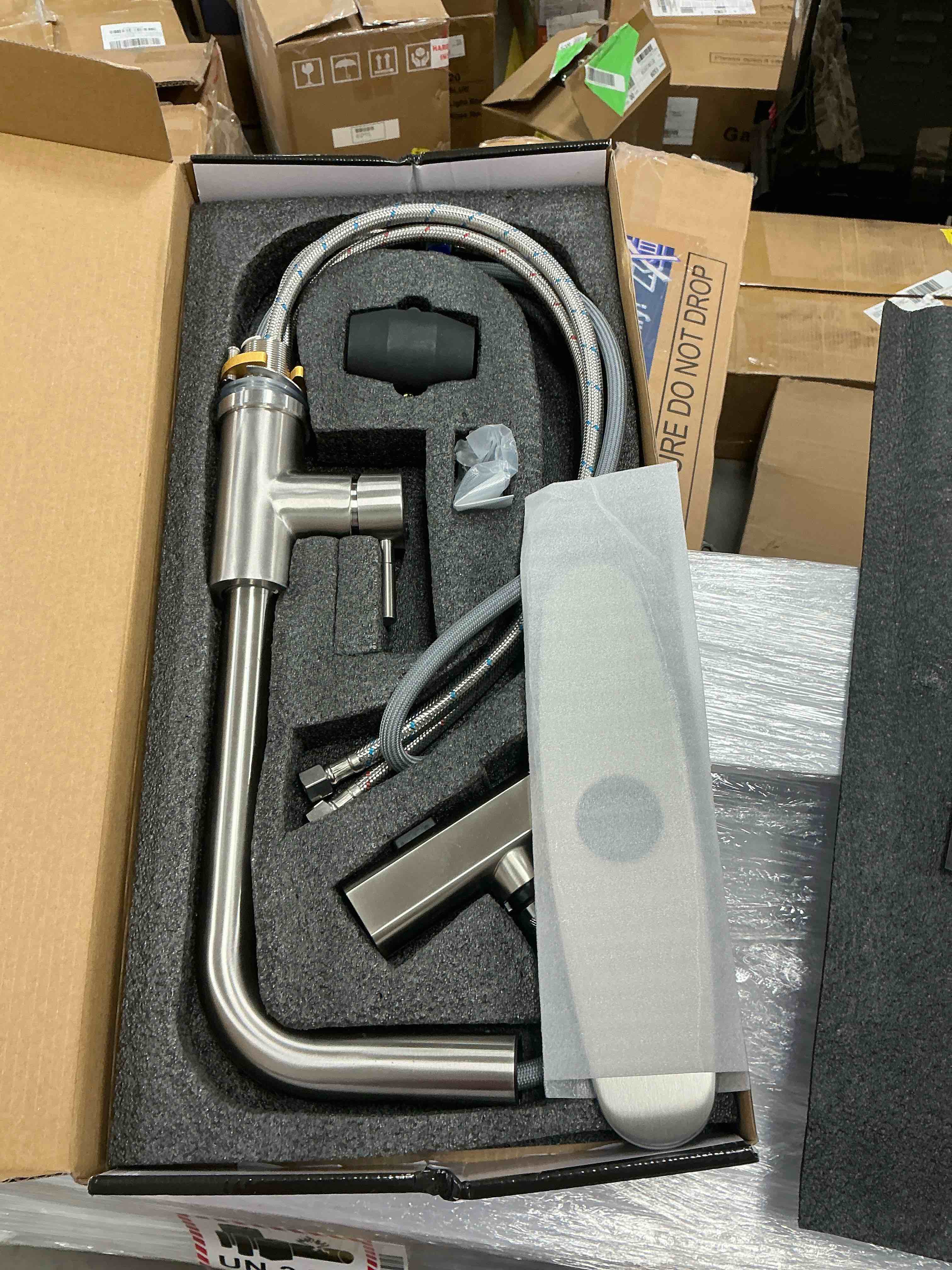 Condition photo showing Good Condition for GPED Kitchen Faucets, Waterfall Kitchen Sink Faucet with Pull Down Sprayer, 3-Mode Sprayer&SUS304 Stainless Steel, 360° Rotatable Single Handle Faucet w/ Deck Plate&Water Pipes for Bar/Laundry/RV