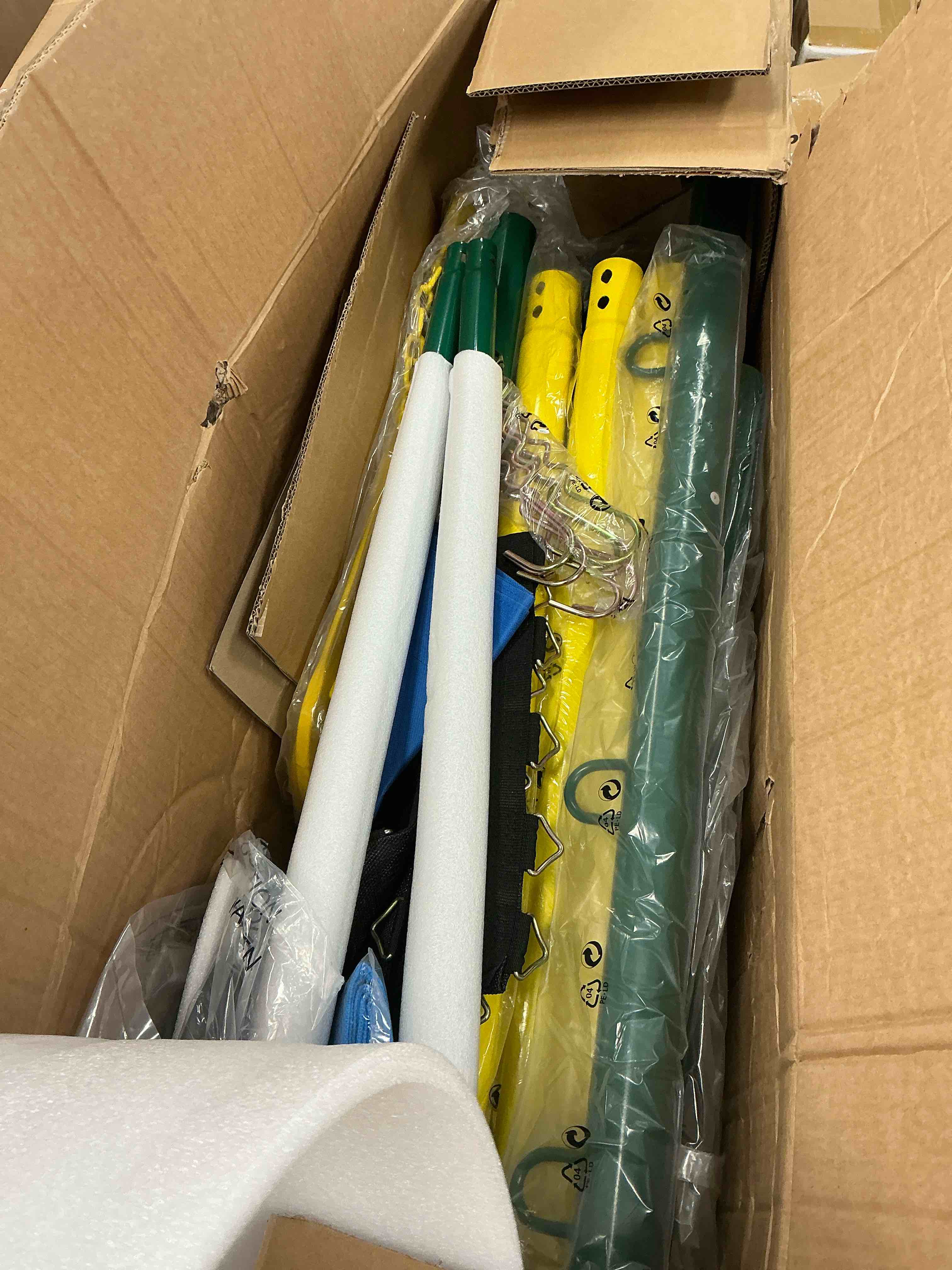 Condition photo showing Good Condition for Metal Swing Sets for Backyard,  Heavy-Duty Outdoor Kids Playsets for Playground,Outside Toys with Trampoline, Platform Swing, 2 Swings and Basketball Hoop for Aged 3-12