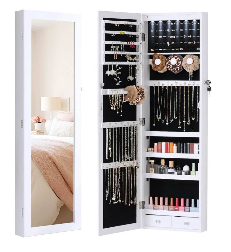 edx Full-Length Mirror Jewelry Cabinet with 6 LED Lights, Wall Door Mounted Large Jewelry Armoire Organizer with Makeup Storage