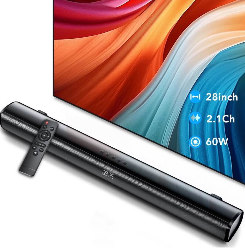 Sound Bar for TV, 60W Soundbar TV Speakers, 2.1 ch Home Theater with Subwoofer Boost, 3 Equalizer Modes, Soundbar for TV/PC/Gaming/Projectors, Bluetooth, OPT, COX, USB & AUX Wall Mountable