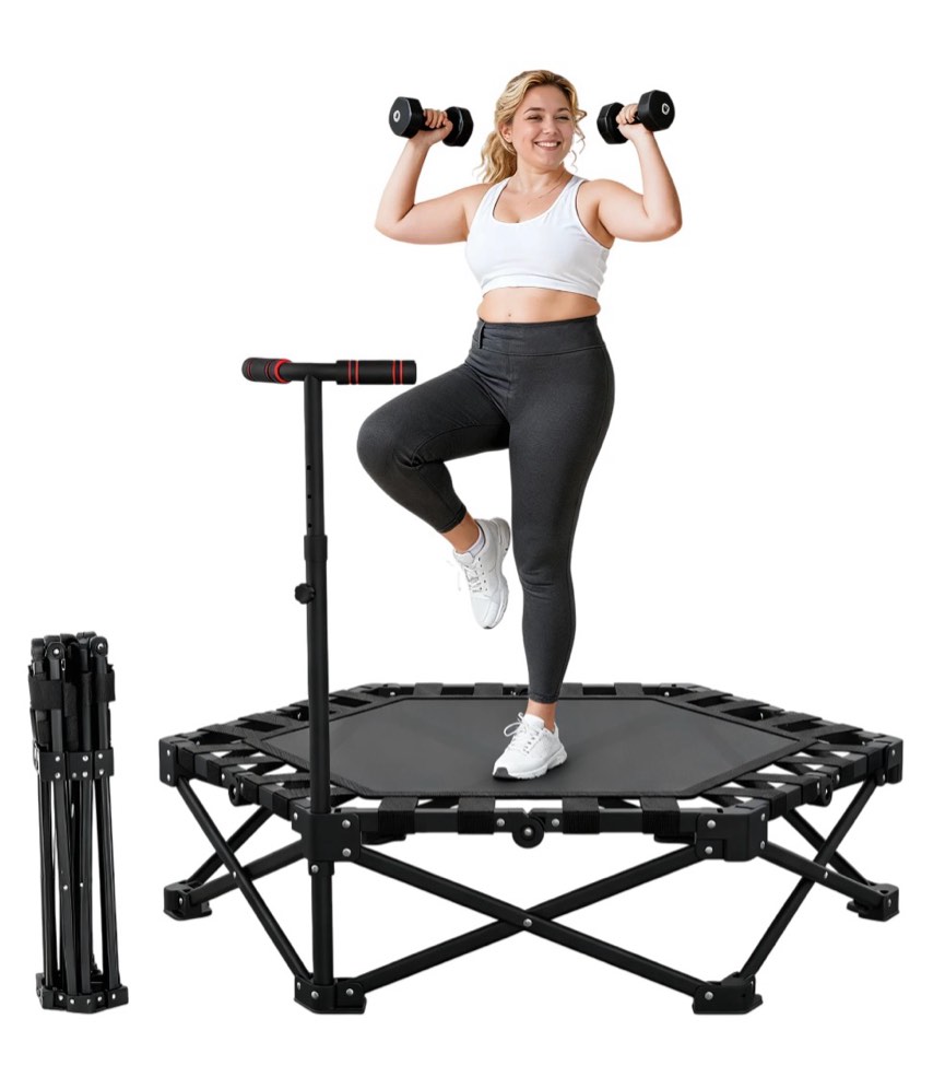 FUNTOK 48 Foldable Mini Trampoline 440lbs 95% Assembled Fitness Trampoline Rebounder W/ Silent Bungees Adjustable Handle Exercise Rebounder for Adu