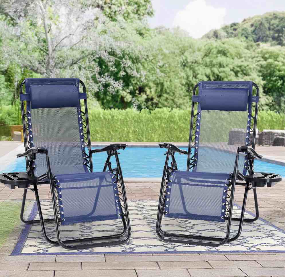 CONCETTA 2PCS Zero Gravity Patio Recliner, Textilene Folding Lounge with Adjustable Pillow & Cup Tray, Blue