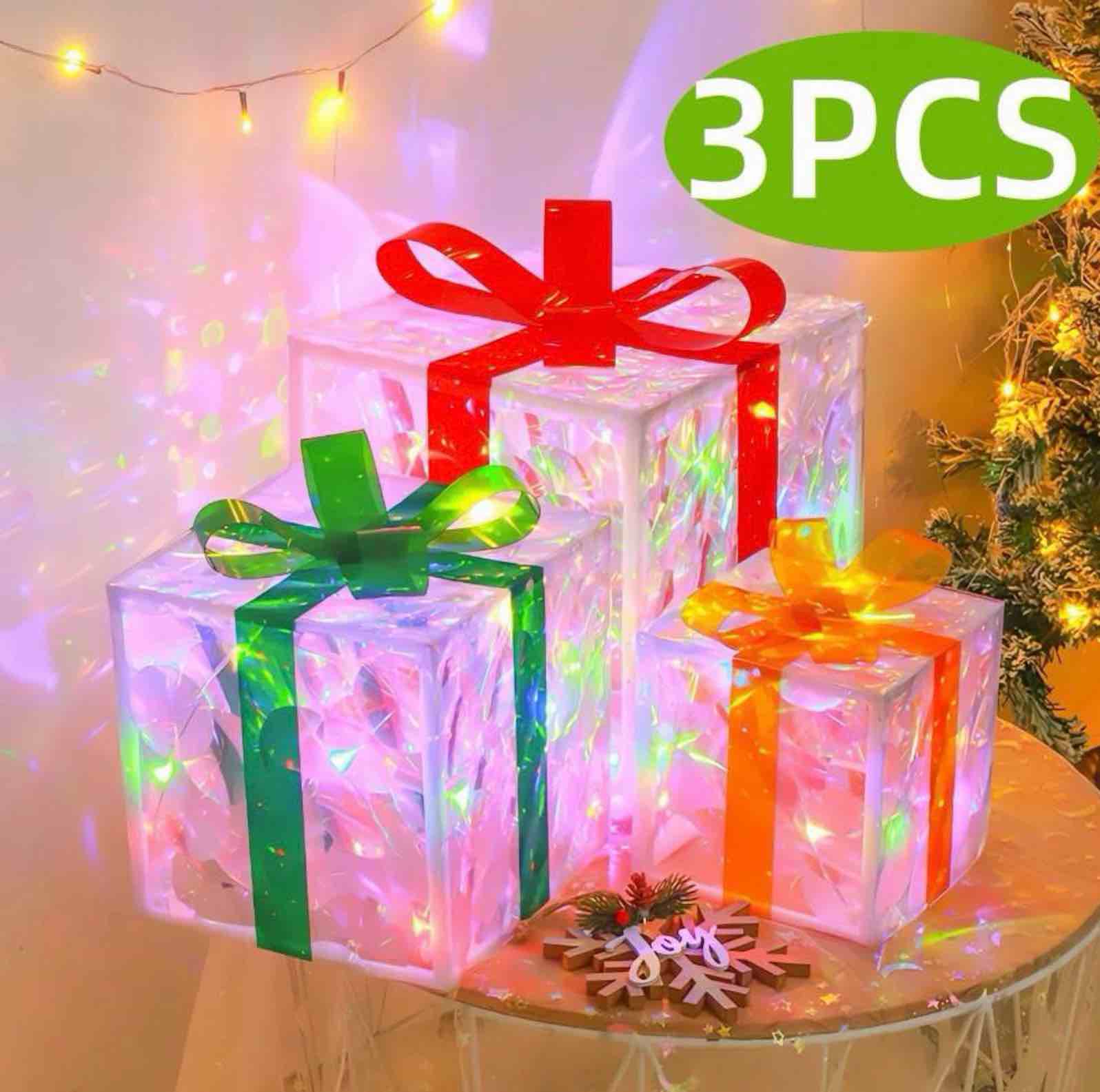 Christmas Lighted Gift Boxes Set of 3 60 LED Lighted Transparent Present Boxes, Christmas Home Gift Box Decorations