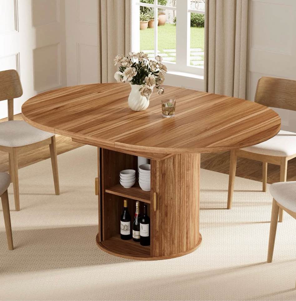 Hommpa 59" Extendable Round Dining Table for 4-6, Oval Kitchen Table with Storage and Sturdy Wooden Base, Farmhouse Dining Room Table for Small Space, Living Room, Walnut