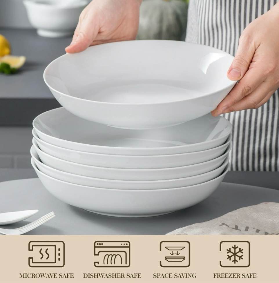 vancasso pasta bowls, porcelain salad bowls set of 6, large white serving bowls, soup bowls, 40oz