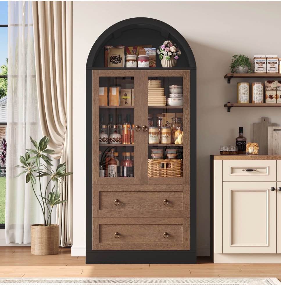 hiphuta 70" tall arched kitchen pantry storage cabinet with glass doors, freestanding modern farmhouse hutch cupboard with 2 large drawers, for kitchen dining room, black & oak