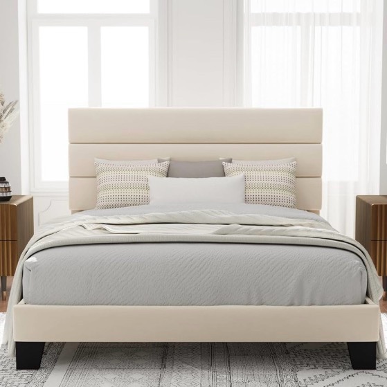 queen size platform bed frame with velvet upholstered headboard and wooden slats support, fully upholstered mattress foundation/no box spring needed/easy assembly, beige