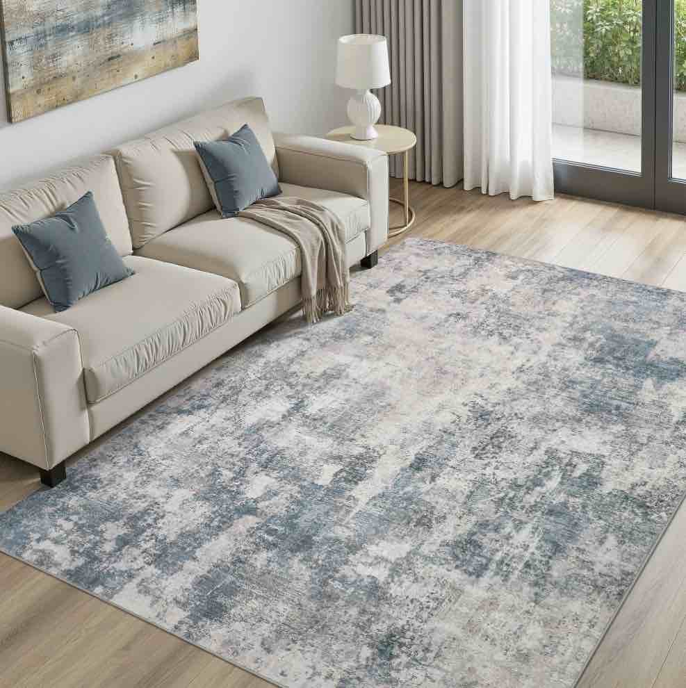 uermei 5x7 washable area rugs for living room  modern abstract printed rug  vacuum-friendly  non slip indoor rug for bedroom dining room home decor carpet  dark blue/gray