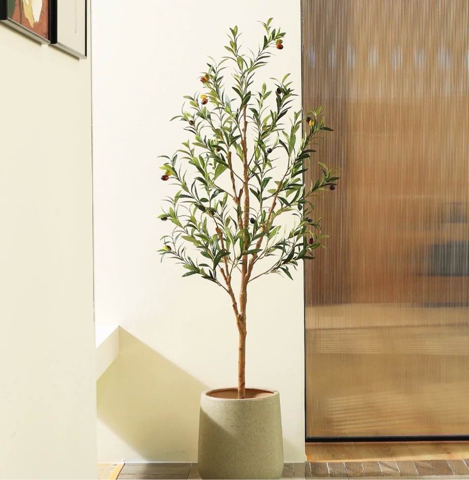 dr.planzen 5ft artificial olive tree indoor, tall faux olive tree, artificial plants with natural wood trunk and lifelike fruits for home office decor