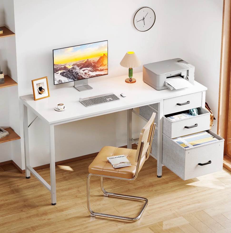 casacomoda computer desk with fabric drawers & file cabinet, home office desk for small space, vanity desk for bedroom, white
