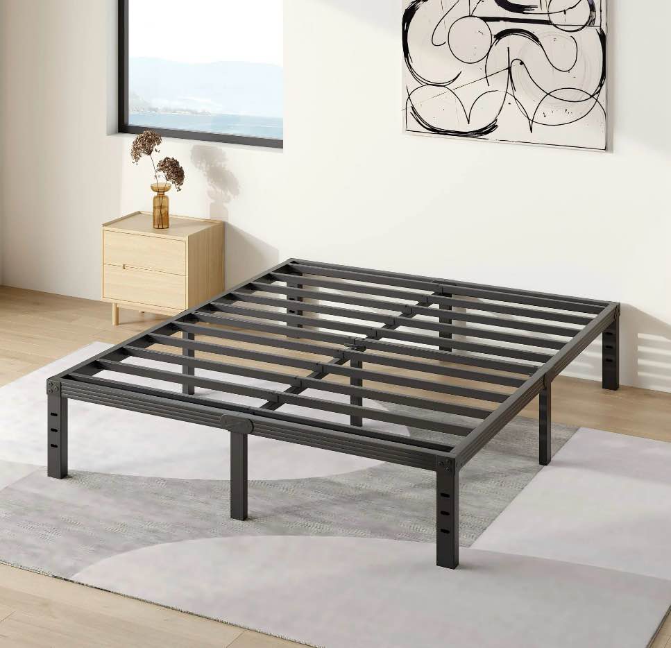 comasach 14 inch full bed frame, easy assembly, no box spring needed, heavy duty metal platform full size, noise free, black