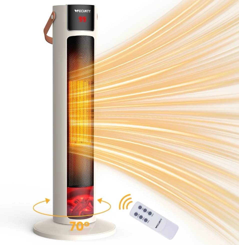 vecukty 26" tower space heater with 3d flame, 1500w portable electric tower electric heater, 70 °oscillation, 9h timer,remote control for indoor bedroom office home