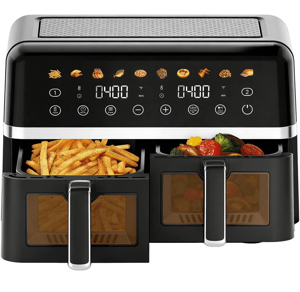 whall digital air fryer oven - 2 independent 5 qt baskets, view window, 1800w