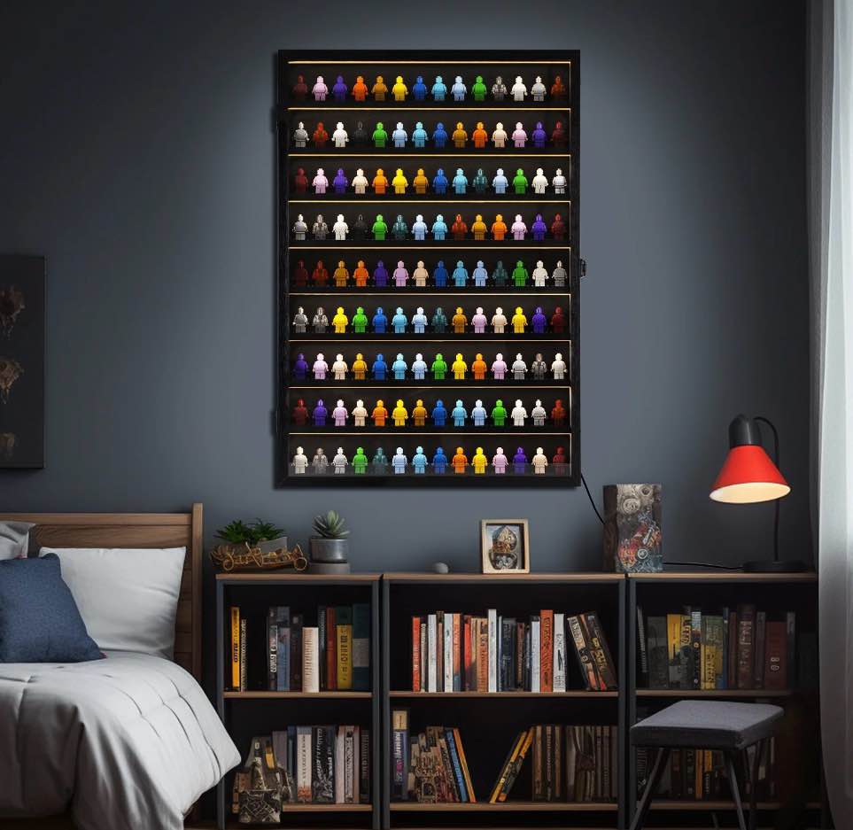 minifigures miniature display case building block showcase collectibles mini figure wall mount wooden display cabinet with led light lockable shadow box