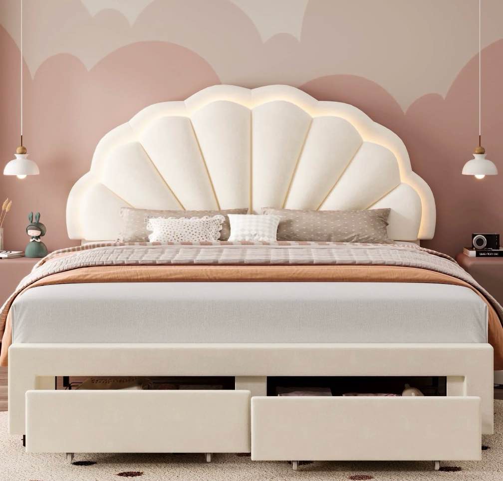 homfa full size led bed frame with drawer, velvet upholstered platform full bed with adjustable petal headboard, beige