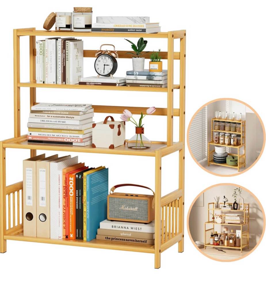 qunbio 4 tier desktop shelf, bamboo desktop bookshelf storage rack desktop rack, desk shelf organizer for top of desk, table top shelves for home, office