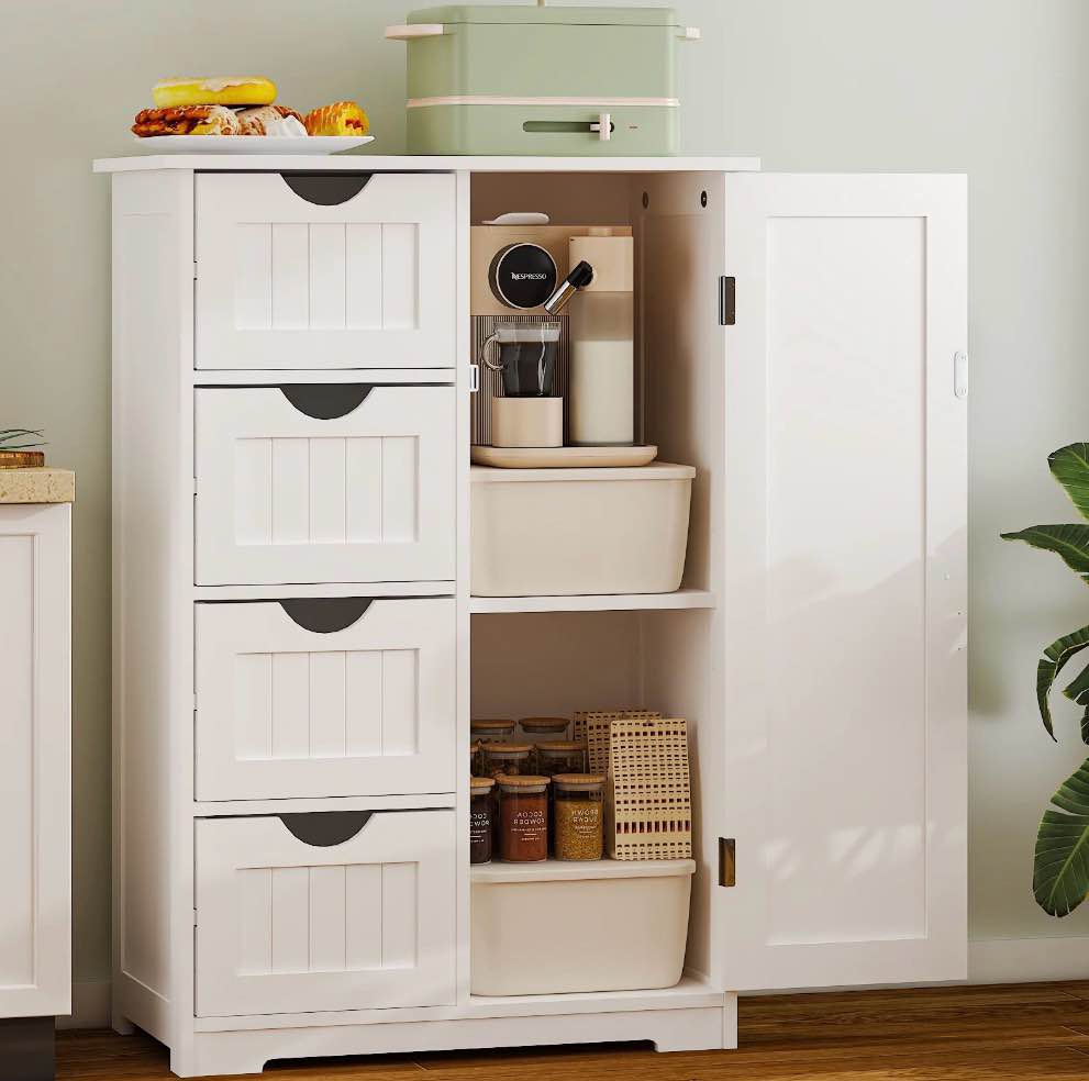 ktaxon wooden bathroom floor cabinet  side storage organizer with 4 drawers  1 cupboard & 2-shelves  white