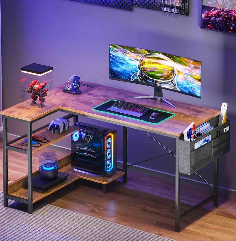 casacomoda l shaped desk, 48 inch computer desk with reversible storage shelves home office corner desk study writing table, vintage