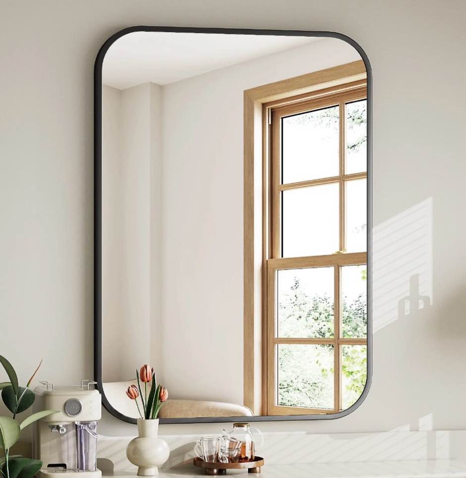 yvanla 28 x20  rectangular bathroom mirror round-edged wall mounted mirror with aluminum alloy frame  black