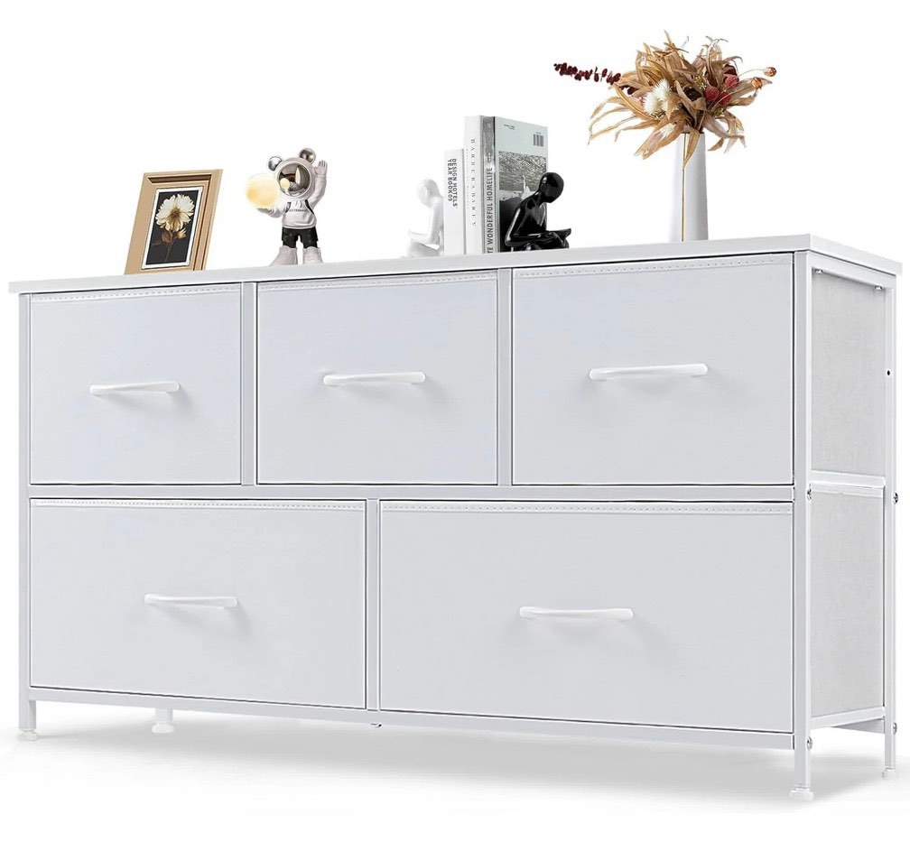edx 5 drawer dresser, wide chest of drawers nightstand storage tower storage fabric dresser with wood top for living room, bedroom, hallway,white