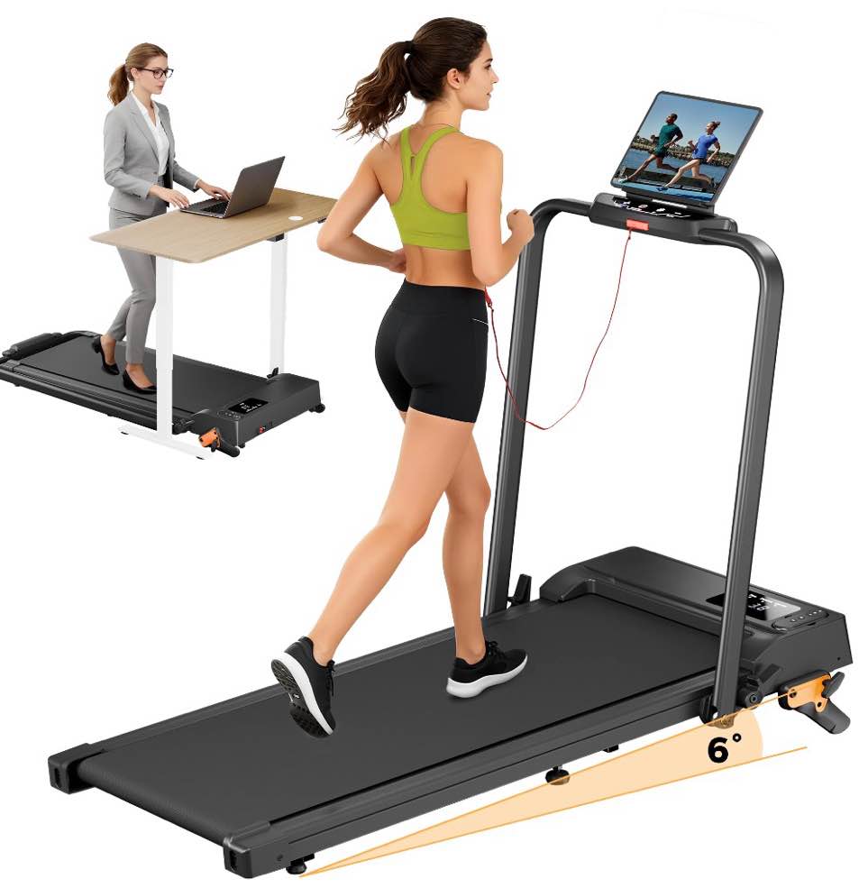 folding treadmill with incline, 2 in 1 portable walking pad with handle bar for home and office, 2.5 hp quiet walking jogging running machine with remote control, led display