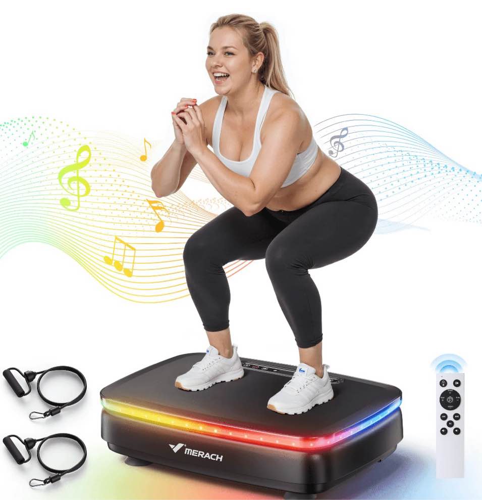 merach led light vibration plate exercise machine, vibrating muscle toner, bluetooth speaker whole body workout fitness platform with resistance bands, 330lbs capacity