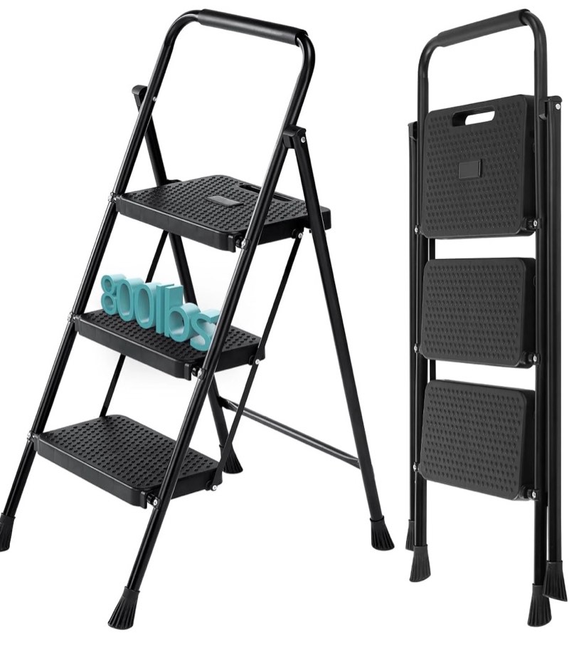 concetta 36 inch iron stepstool, 2 folding stepstool with non-slip pedals and comfortable handrails, sturdy steel ladder portable heavy duty stepstool for kitchen, garage and outdoor use, black