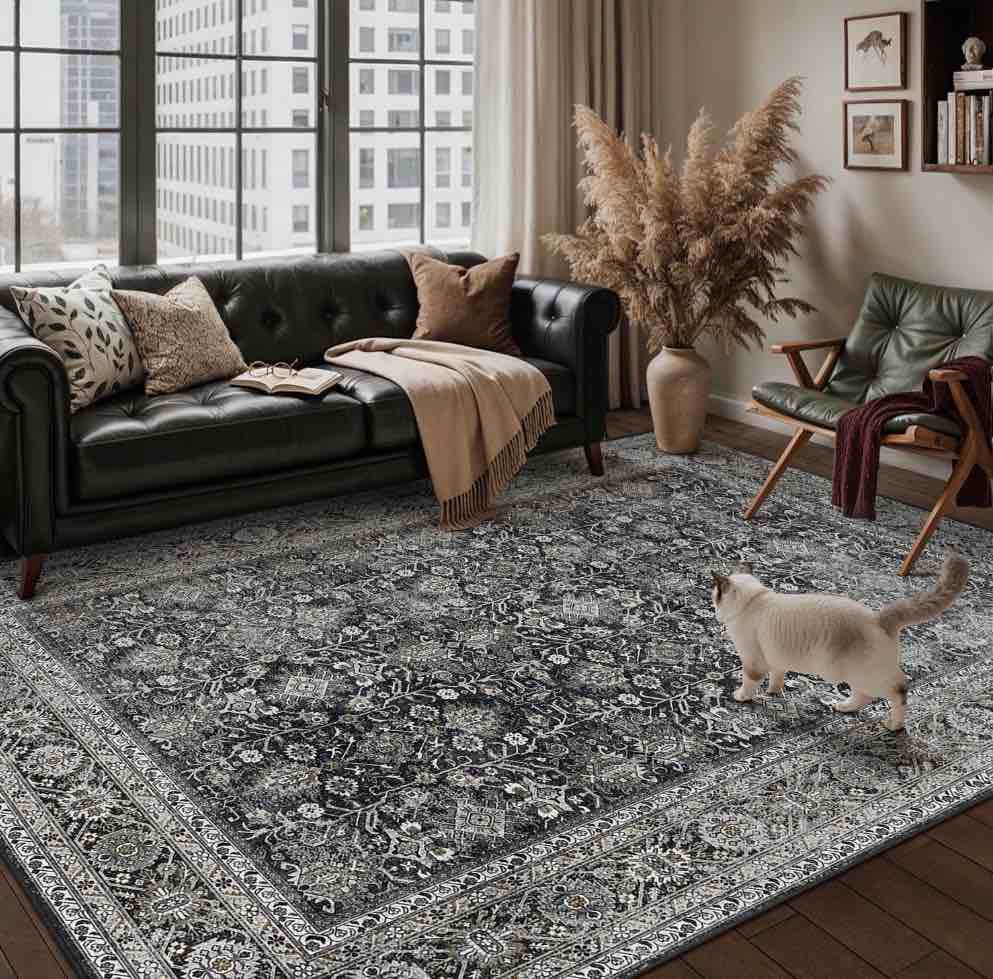 berthmeer 6 x9 vintage area rugs for living room bedroom dining room farmhouse washable rugs non-slip black