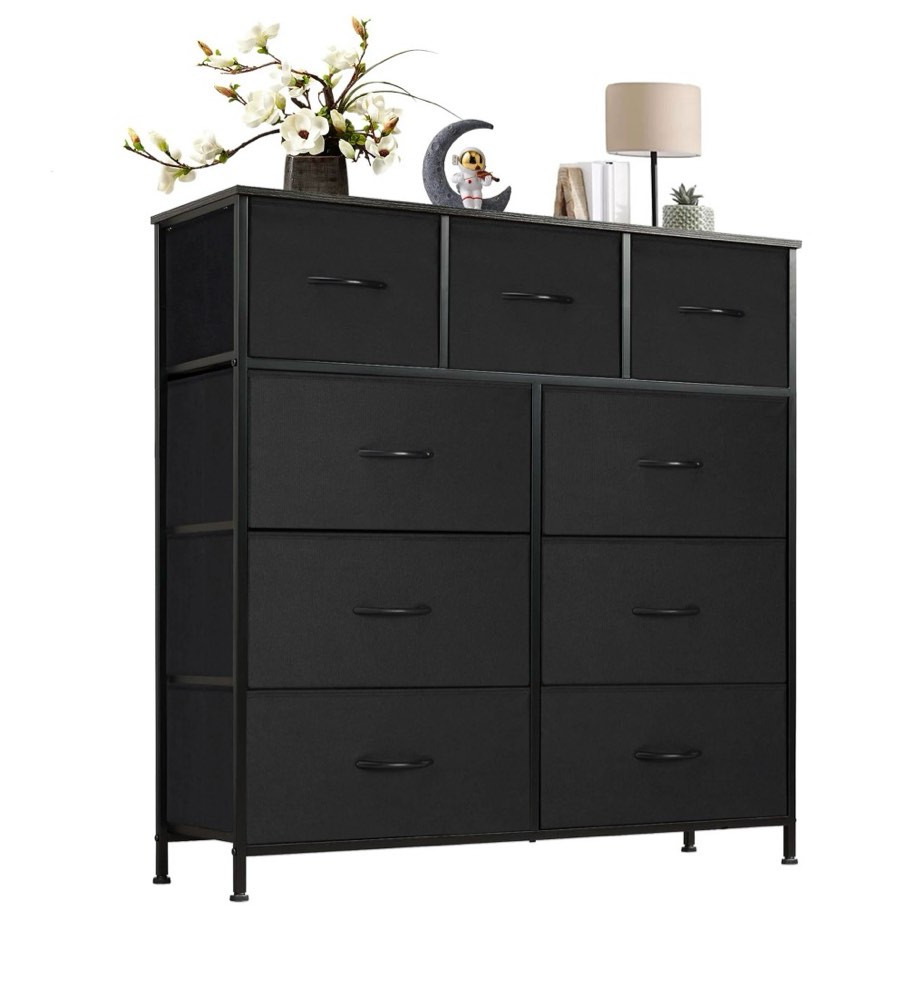 concetta 9-drawer fabric dresser, tv cabinet sideboard, storage organizer cabinet for living room, bedroom, office, black