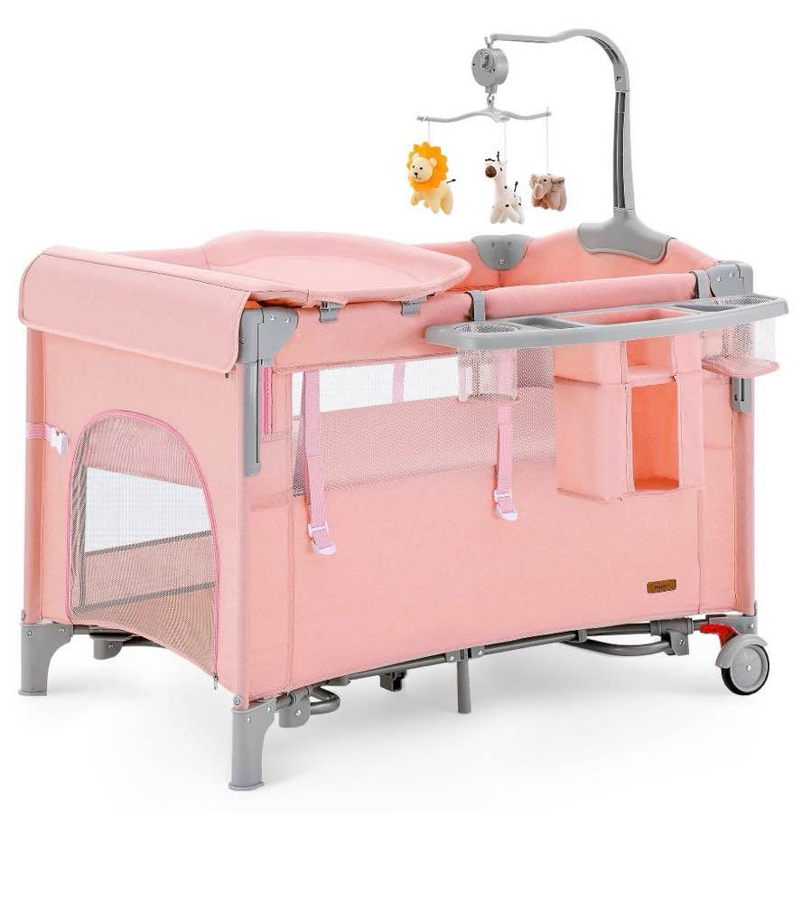harppa 5 in 1 baby playard with bassinet & changing table for newborn, pink