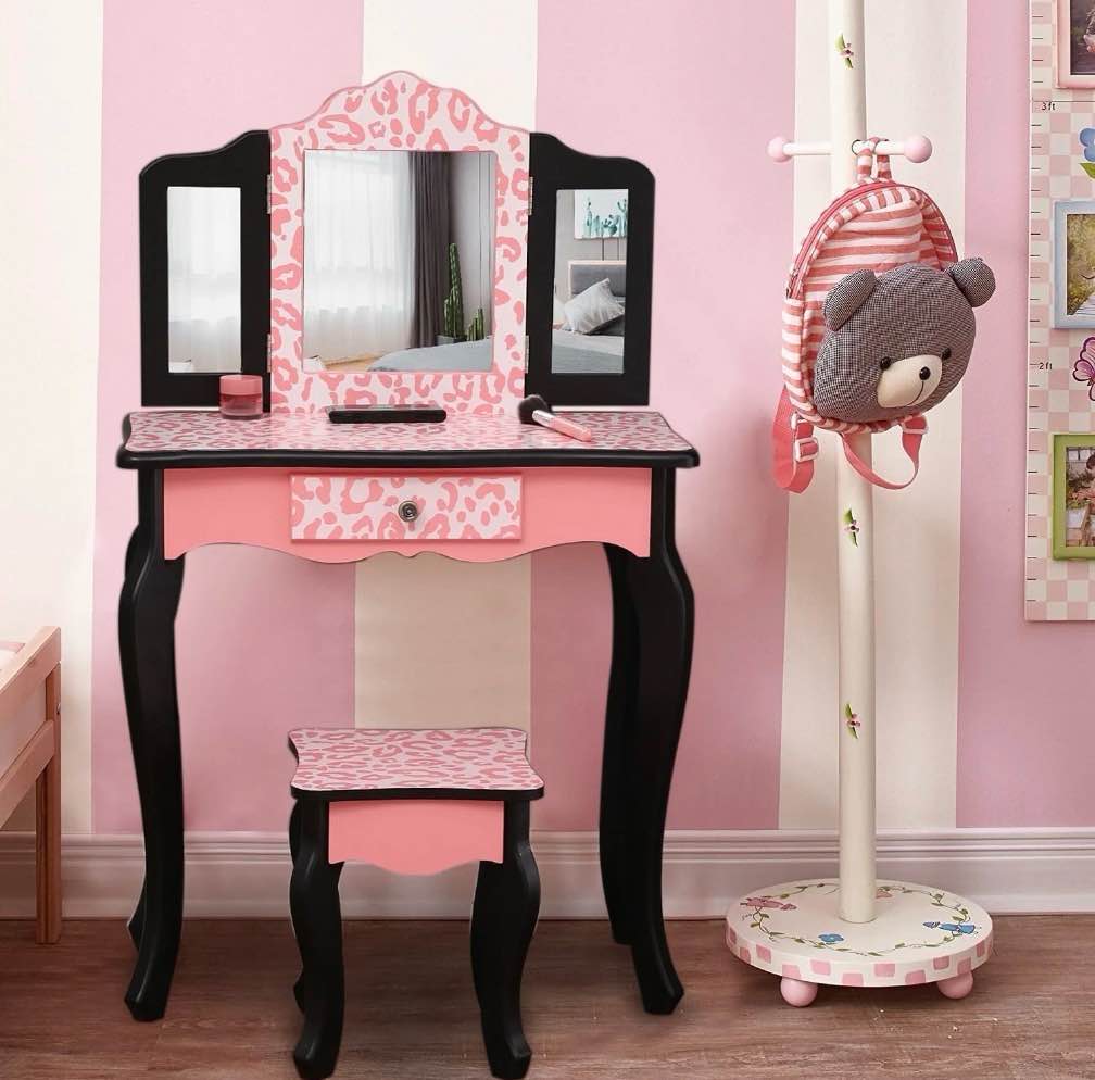 ktaxon kids  wooden vanity table and stool set with 3 mirrors  princess makeup dressing table children s furniture