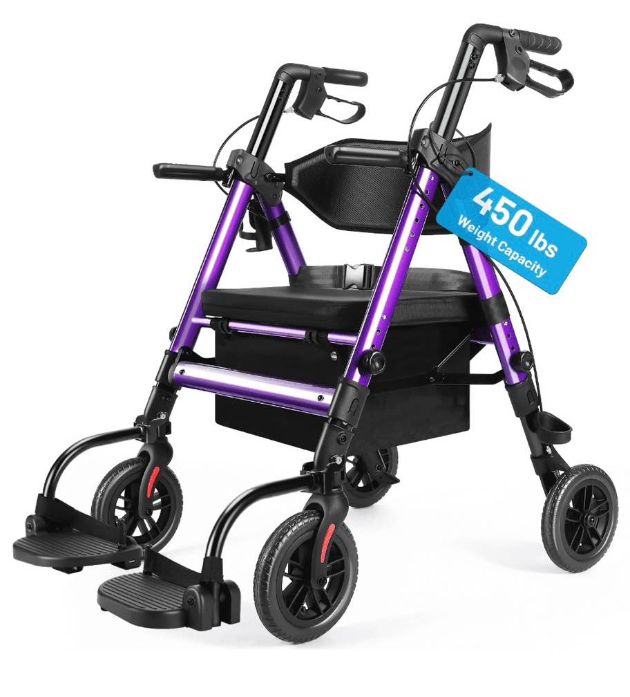 heavy duty rollator walker for seniors with seat, foldable 2-in-1 rolling walkers wheelchair combo for adult , all terrain wheels, adjustable transport chair with brake, 450 lb. weight capacity