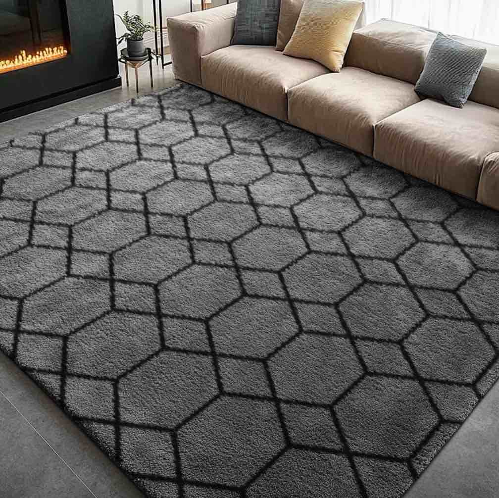 pentantan 5ft x 8ft shag area rugs for living room  modern geometric fluffy bedroom carpet  black & gray